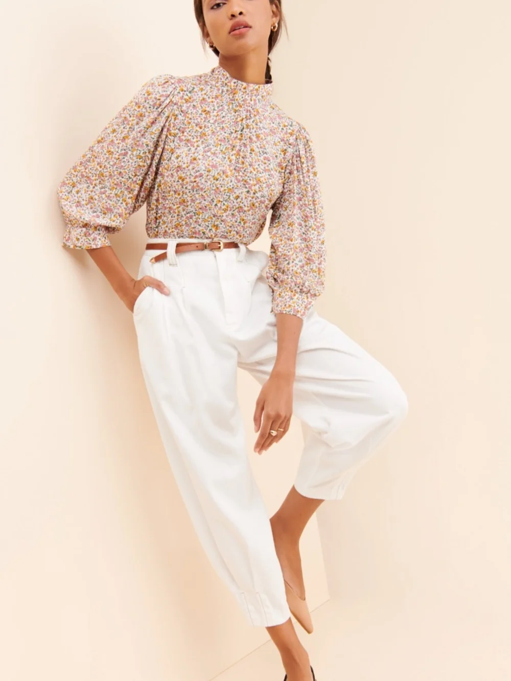 Free People Puff Sleeve Mock Neck Three Quarter Length Cuffed Sleeve Blouse L